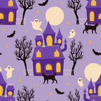 purple background, haunted house, gothic mansion, black cats, white ghosts, flying bats, bare trees, full moon, yellow windows, spooky atmosphere, halloween themed,, fabric panel, repeating pattern, whimsical style, lavender sky, golden stars, black silhouettes, cream moon, seasonal fabric