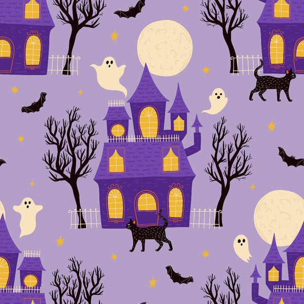 purple background, haunted house, gothic mansion, black cats, white ghosts, flying bats, bare trees, full moon, yellow windows, spooky atmosphere, halloween themed,, fabric panel, repeating pattern, whimsical style, lavender sky, golden stars, black silhouettes, cream moon, seasonal fabric