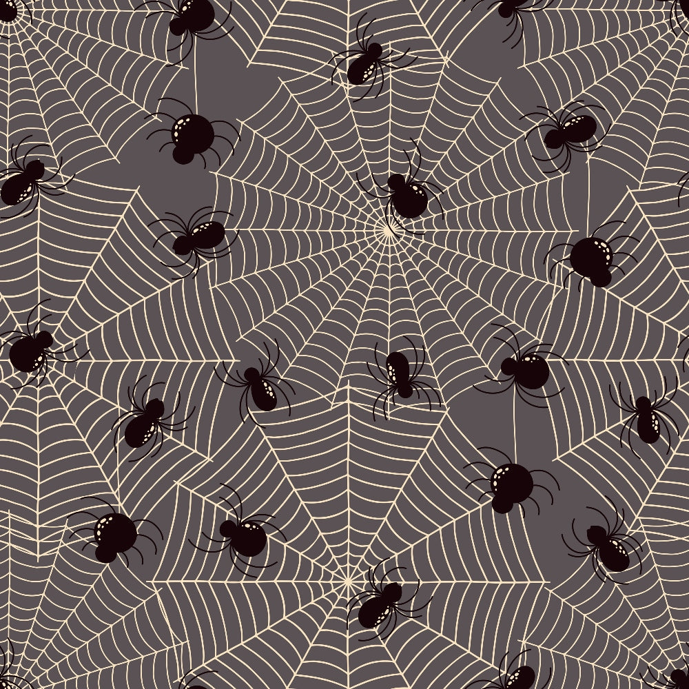 halloween, spider webs, black spiders, gray background, beige web lines, repeating pattern, arachnids, spooky, gothic, seamless design,, fabric panel, halloween decor, creepy crawlers, web pattern, monochromatic, geometric webs, seasonal fabric, craft fabric, autumn theme