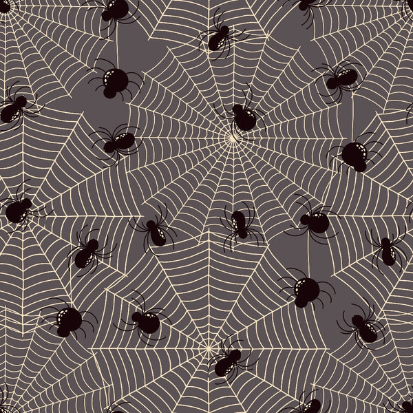 halloween, spider webs, black spiders, gray background, beige web lines, repeating pattern, arachnids, spooky, gothic, seamless design,, fabric panel, halloween decor, creepy crawlers, web pattern, monochromatic, geometric webs, seasonal fabric, craft fabric, autumn theme