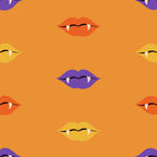 orange background, vampire lips, fangs, purple lips, yellow lips, red lips, halloween pattern, spooky theme, monster mouths, vampire fangs, bright orange, colorful lips, halloween design,, fabric panel, festive pattern, horror theme, costume party, trick or treat, seasonal fabric