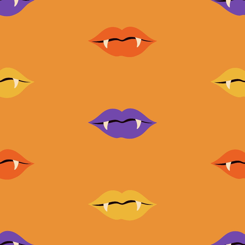 orange background, vampire lips, fangs, purple lips, yellow lips, red lips, halloween pattern, spooky theme, monster mouths, vampire fangs, bright orange, colorful lips, halloween design,, fabric panel, festive pattern, horror theme, costume party, trick or treat, seasonal fabric