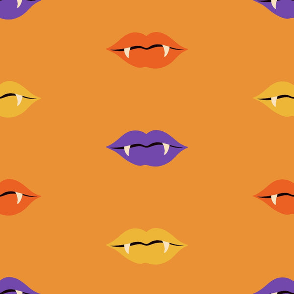 orange background, vampire lips, fangs, purple lips, yellow lips, red lips, halloween pattern, spooky theme, monster mouths, vampire fangs, bright orange, colorful lips, halloween design,, fabric panel, festive pattern, horror theme, costume party, trick or treat, seasonal fabric