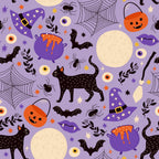 halloween,, purple background, black cats, witch hats, cauldrons, spider webs, bats, pumpkins, full moon, eyeballs, broomsticks, spiders, stars, mystical, spooky, orange accents, cream moon, potion bubbles, seamless pattern
