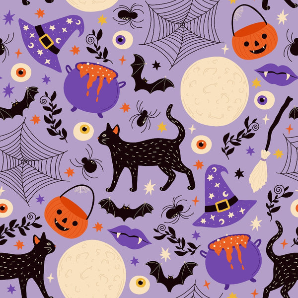 halloween,, purple background, black cats, witch hats, cauldrons, spider webs, bats, pumpkins, full moon, eyeballs, broomsticks, spiders, stars, mystical, spooky, orange accents, cream moon, potion bubbles, seamless pattern