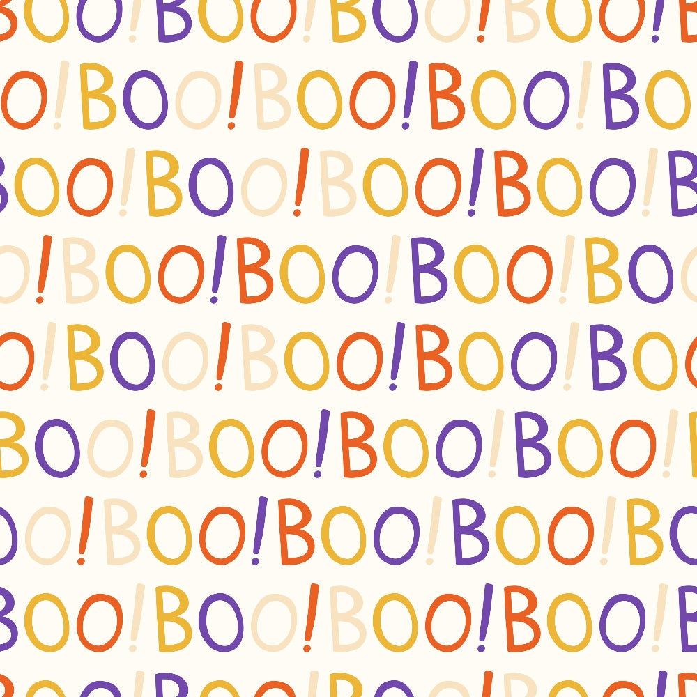 orange, purple, yellow, cream, boo text, halloween pattern, spooky words, exclamation points, colorful lettering, repeating pattern, autumn colors, halloween theme,, fabric panel, festive design, seasonal fabric, craft material, sewing supplies, halloween decor