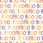 orange, purple, yellow, cream, boo text, halloween pattern, spooky words, exclamation points, colorful lettering, repeating pattern, autumn colors, halloween theme,, fabric panel, festive design, seasonal fabric, craft material, sewing supplies, halloween decor