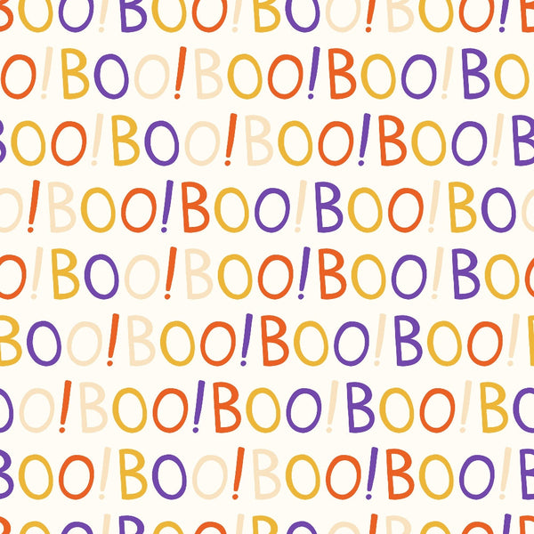 orange, purple, yellow, cream, boo text, halloween pattern, spooky words, exclamation points, colorful lettering, repeating pattern, autumn colors, halloween theme,, fabric panel, festive design, seasonal fabric, craft material, sewing supplies, halloween decor