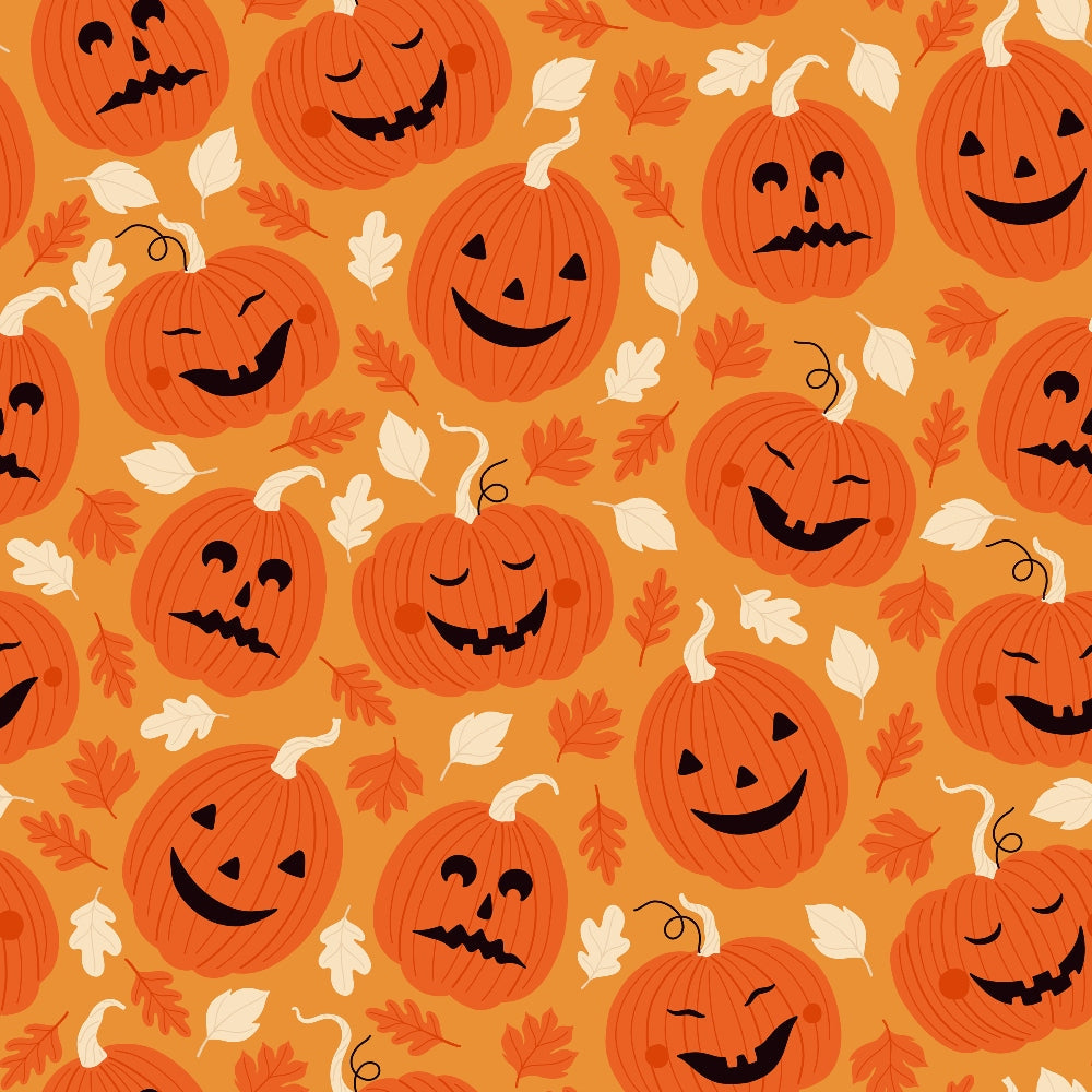 orange, pumpkins, jack-o-lanterns, autumn leaves, halloween, fall colors, carved faces,, fabric panel, seasonal pattern, repetitive design, orange gradient, leaf motifs, spooky faces, harvest theme, autumn pattern, halloween decor, pumpkin patch, fall foliage, festive design