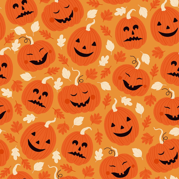orange, pumpkins, jack-o-lanterns, autumn leaves, halloween, fall colors, carved faces,, fabric panel, seasonal pattern, repetitive design, orange gradient, leaf motifs, spooky faces, harvest theme, autumn pattern, halloween decor, pumpkin patch, fall foliage, festive design