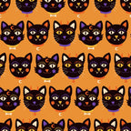halloween fabric, black cats, orange background, purple accents, white eyes, cat faces, spooky cats, autumn colors,, fabric panel, halloween pattern, repetitive design, mystical cats, seasonal fabric, craft fabric, orange and black, purple collars, cat whiskers, halloween themed, geometric arrangement