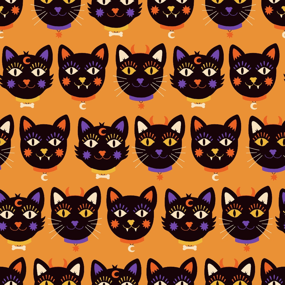 halloween fabric, black cats, orange background, purple accents, white eyes, cat faces, spooky cats, autumn colors,, fabric panel, halloween pattern, repetitive design, mystical cats, seasonal fabric, craft fabric, orange and black, purple collars, cat whiskers, halloween themed, geometric arrangement
