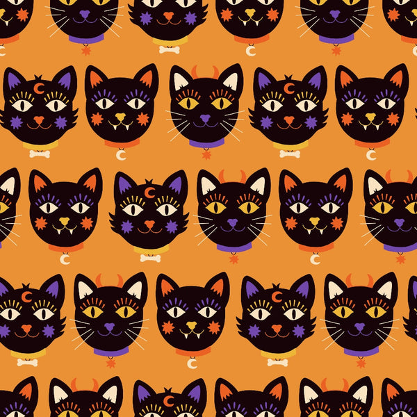 halloween fabric, black cats, orange background, purple accents, white eyes, cat faces, spooky cats, autumn colors,, fabric panel, halloween pattern, repetitive design, mystical cats, seasonal fabric, craft fabric, orange and black, purple collars, cat whiskers, halloween themed, geometric arrangement