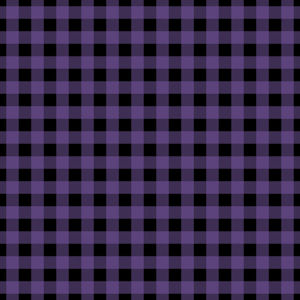 purple, black, plaid pattern, checkered design, gingham, halloween colors, spooky theme,, fabric panel, geometric pattern, alternating squares, seasonal fabric, craft material, sewing supply, autumn colors, gothic colors, repeating motif, textile design, halloween crafts