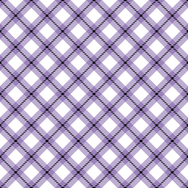 purple plaid, lavender, white diamonds, geometric pattern, checkered design, diagonal stripes,, fabric panel, halloween themed, seasonal fabric, repeating pattern, gingham style, woven texture, craft fabric, sewing material, purple tones, diamond shapes, crosshatch pattern