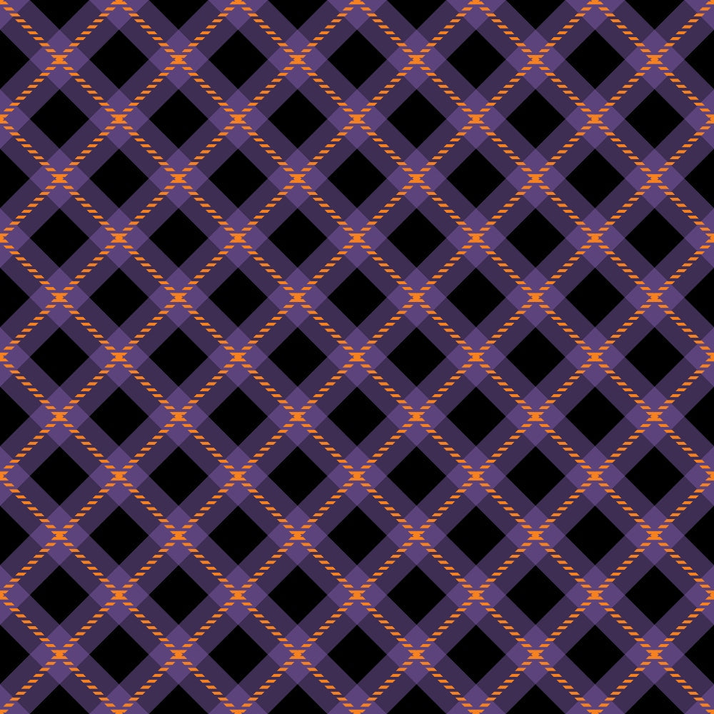 halloween plaid, purple plaid, orange accents, black diamonds, diagonal pattern, geometric design, checkered fabric,, fabric panel, halloween colors, rope texture, diamond grid, autumn colors, seasonal fabric, craft fabric, patchwork material, halloween theme, purple and orange, woven appearance