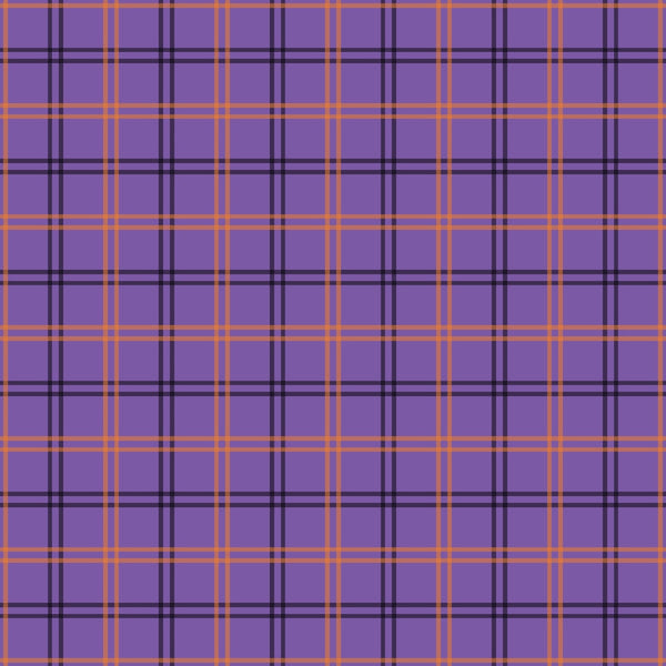 purple, orange, black, plaid pattern, tartan, checkered, grid lines, intersecting stripes, halloween colors, autumn, fall season,, fabric panel, geometric design, repeating pattern, craft fabric, sewing material, seasonal fabric, halloween themed