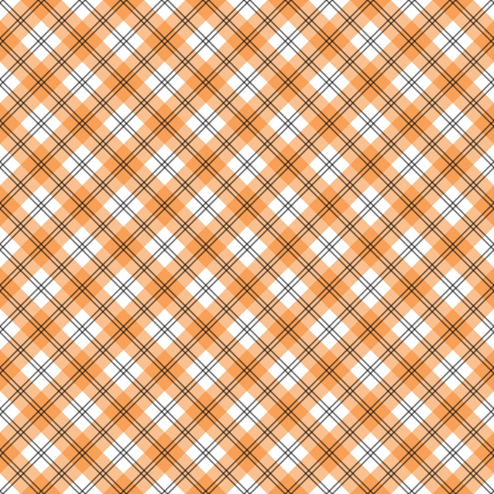 orange, white, brown, black, diagonal plaid, tartan pattern, crosshatch lines, geometric design, checkered, autumn colors, halloween themed, seasonal fabric,, fabric panel, craft material, sewing supplies, fall palette, rustic plaid, woven appearance