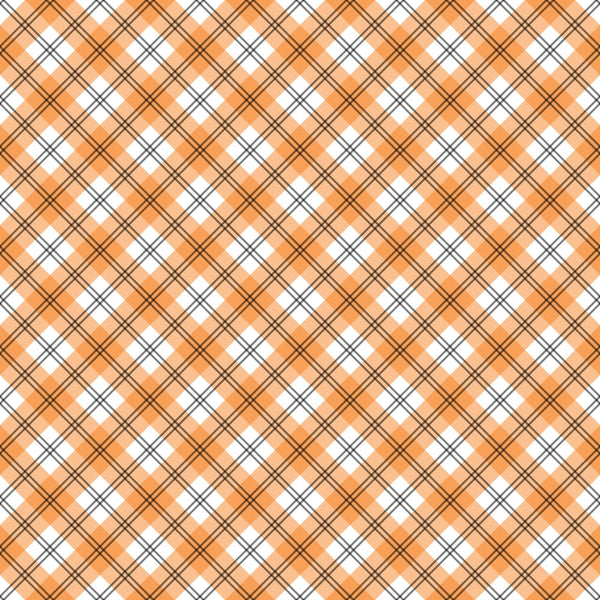 orange, white, brown, black, diagonal plaid, tartan pattern, crosshatch lines, geometric design, checkered, autumn colors, halloween themed, seasonal fabric,, fabric panel, craft material, sewing supplies, fall palette, rustic plaid, woven appearance