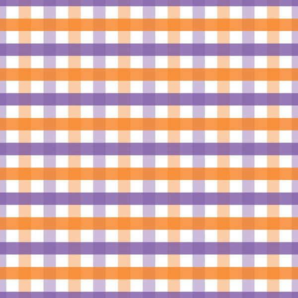 orange, purple, white, plaid pattern, gingham, checkered, halloween colors, seasonal fabric,, fabric panel, geometric design, woven pattern, autumn theme, spooky colors, halloween plaid, cotton fabric, crosshatch design, halloween seasonal, orange and purple, checkerboard pattern