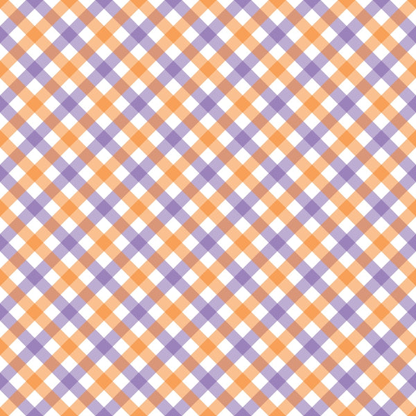 orange, purple, white, plaid pattern, diagonal stripes, gingham check,, fabric panel, halloween colors, autumn theme, geometric design, checkered pattern, seasonal fabric, craft material, sewing supplies, halloween plaid, festive colors, woven appearance