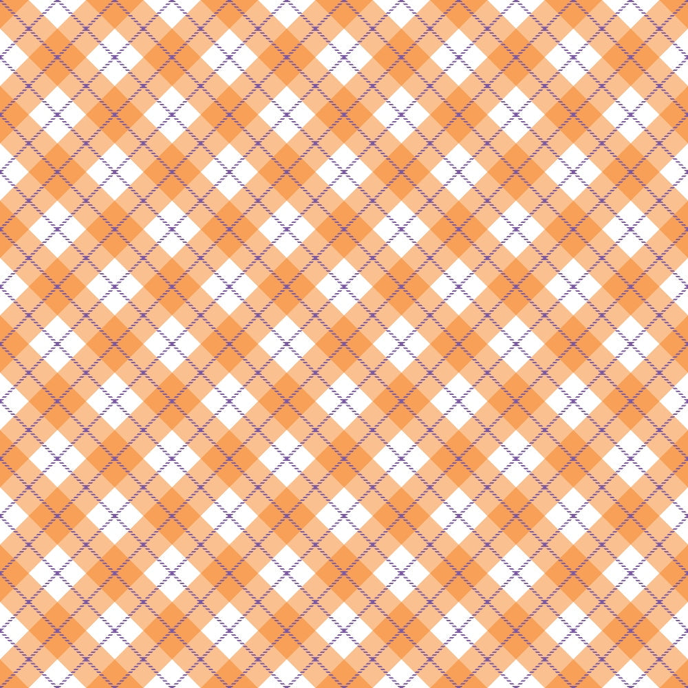 orange, white, purple, plaid pattern, diagonal stripes, checkered design, argyle style,, fabric panel, halloween themed, autumn colors, geometric pattern, crosshatch lines, seasonal fabric, crafting material, patchwork design, diamond shapes, woven appearance, festive colors, holiday fabric