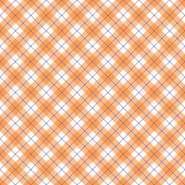 orange, white, purple, plaid pattern, diagonal stripes, checkered design, argyle style,, fabric panel, halloween themed, autumn colors, geometric pattern, crosshatch lines, seasonal fabric, crafting material, patchwork design, diamond shapes, woven appearance, festive colors, holiday fabric
