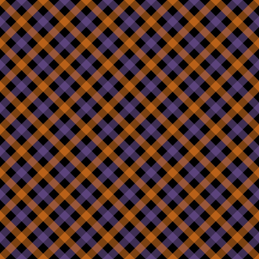 halloween plaid, diagonal plaid, orange stripes, purple stripes, black background, geometric pattern, checkered design, autumn colors, halloween theme, seasonal fabric,, fabric panel, craft fabric, diamond pattern, intersecting lines, holiday fabric, spooky colors, october colors, plaid weave, textile pattern