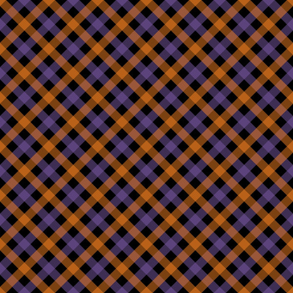 halloween plaid, diagonal plaid, orange stripes, purple stripes, black background, geometric pattern, checkered design, autumn colors, halloween theme, seasonal fabric,, fabric panel, craft fabric, diamond pattern, intersecting lines, holiday fabric, spooky colors, october colors, plaid weave, textile pattern