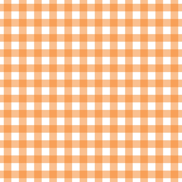 orange, white, gingham, plaid, checkered pattern,, fabric panel, halloween, autumn, fall colors, geometric design, square grid, woven appearance, seasonal fabric, craft material, sewing fabric, cotton blend, rustic charm, country style