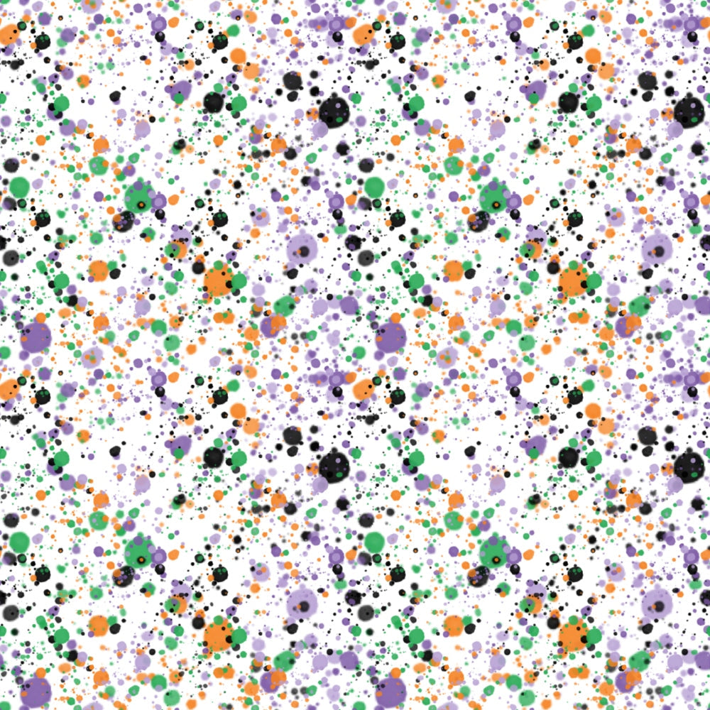 halloween, splatter pattern, paint splatters, orange, purple, green, black, white background, spooky colors, abstract dots, scattered spots,, fabric panel, halloween basics, colorful splatters, random pattern, festive, autumn colors, craft fabric, sewing material