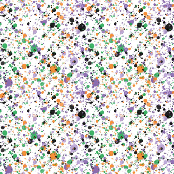 halloween, splatter pattern, paint splatters, orange, purple, green, black, white background, spooky colors, abstract dots, scattered spots,, fabric panel, halloween basics, colorful splatters, random pattern, festive, autumn colors, craft fabric, sewing material