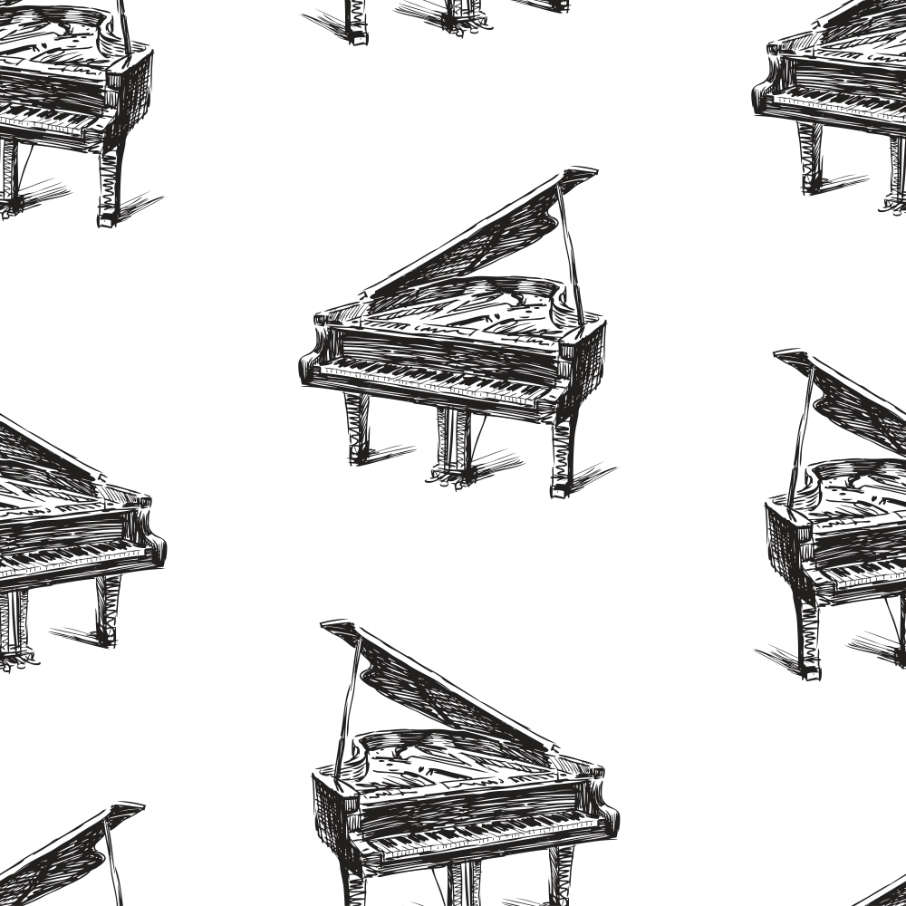 black and white, hand sketched, grand pianos, musical instruments, repeating pattern, sketchy lines, artistic drawing, monochrome design,, fabric panel, music theme, piano keys, elegant pianos, scattered layout, crosshatch shading, vintage illustration style, musical motif