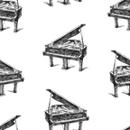 black and white, hand sketched, grand pianos, musical instruments, repeating pattern, sketchy lines, artistic drawing, monochrome design,, fabric panel, music theme, piano keys, elegant pianos, scattered layout, crosshatch shading, vintage illustration style, musical motif