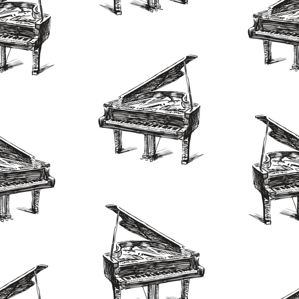 black and white, hand sketched, grand pianos, musical instruments, repeating pattern, sketchy lines, artistic drawing, monochrome design,, fabric panel, music theme, piano keys, elegant pianos, scattered layout, crosshatch shading, vintage illustration style, musical motif