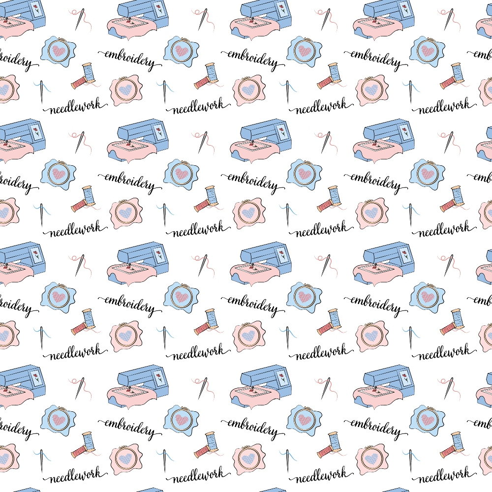 embroidery machines, sewing supplies, needlework, thread spools, quilting cotton, craft theme, pink machines, blue accents, sewing tools, embroidery hoops, crafting motifs, repetitive pattern, fabric panel, cotton fabric, soft pastels, sewing theme, craft supplies, needles, handwork, embroidery design
