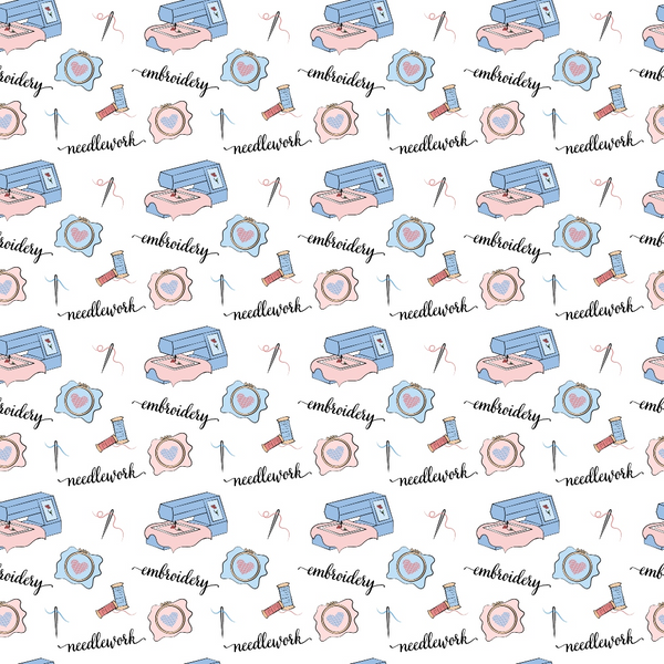 embroidery machines, sewing supplies, needlework, thread spools,, craft theme, pink machines, blue accents, sewing tools, embroidery hoops, crafting motifs, repetitive pattern, fabric panel, cotton fabric, soft pastels, sewing theme, craft supplies, needles, handwork, embroidery design