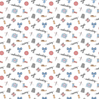 sewing pattern, embroidery motifs,, fabric panel, craft supplies, thimbles, scissors, spools of thread, buttons, blue ribbons, pink accents, white background, sewing notions, handcraft tools, needlework design, crafting theme, repetitive pattern, cotton fabric, quilter's cotton, sewing accessories