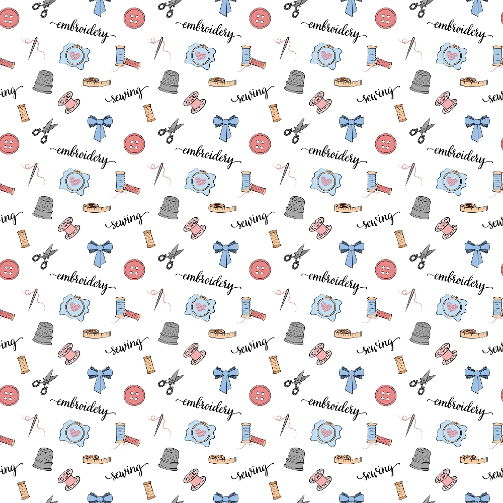 sewing pattern, embroidery motifs, quilting cotton, fabric panel, craft supplies, thimbles, scissors, spools of thread, buttons, blue ribbons, pink accents, white background, sewing notions, handcraft tools, needlework design, crafting theme, repetitive pattern, cotton fabric, quilter's cotton, sewing accessories