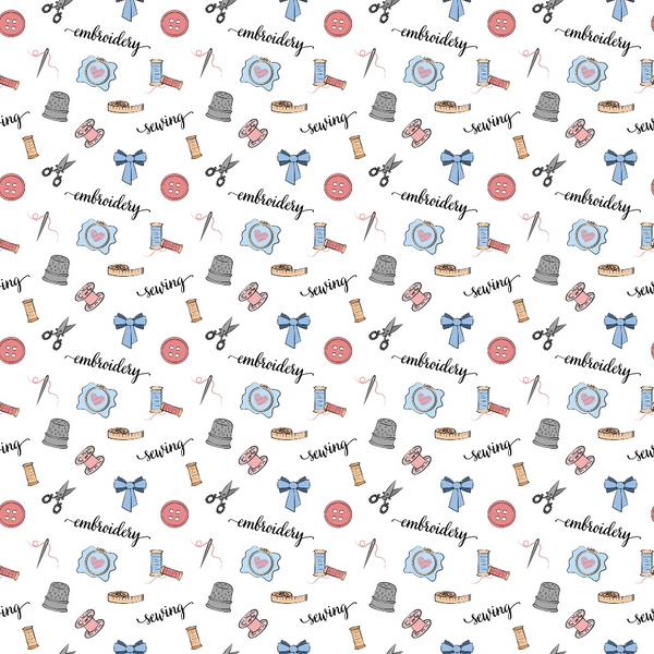 sewing pattern, embroidery motifs,, fabric panel, craft supplies, thimbles, scissors, spools of thread, buttons, blue ribbons, pink accents, white background, sewing notions, handcraft tools, needlework design, crafting theme, repetitive pattern, cotton fabric, quilter's cotton, sewing accessories