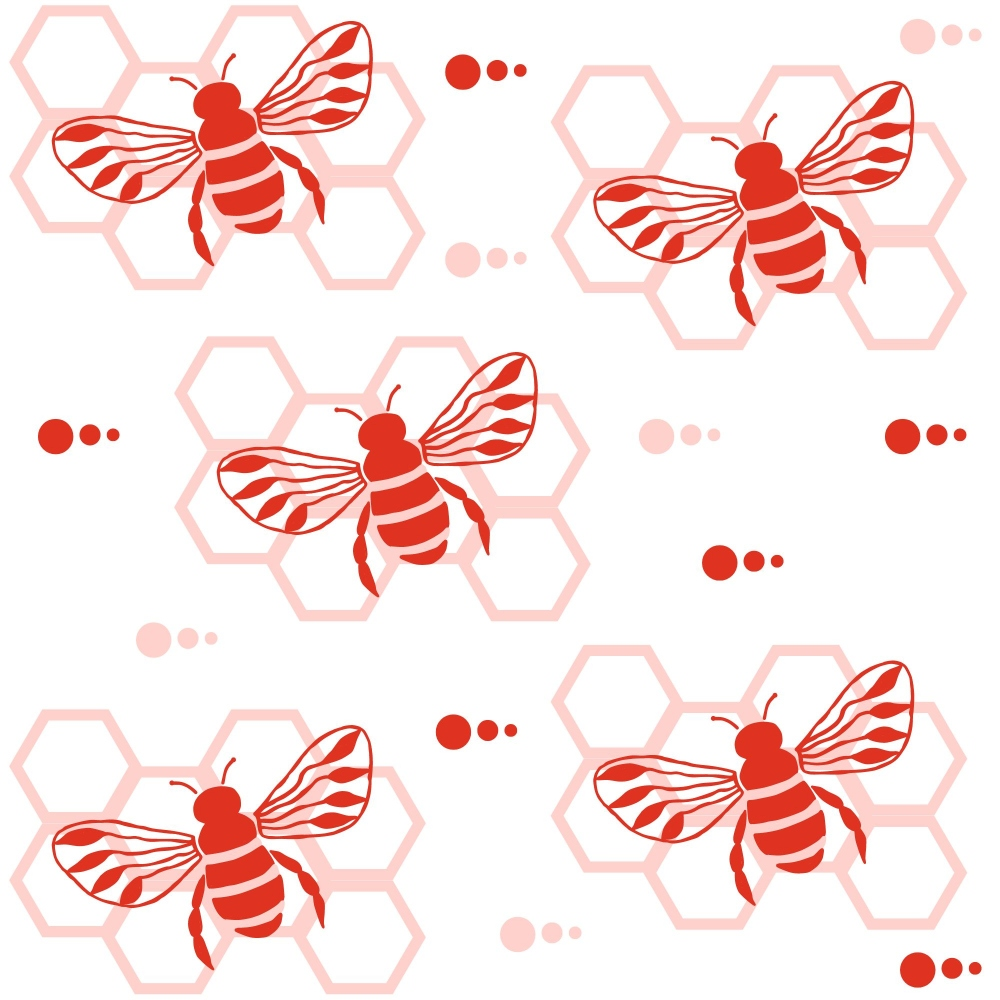 red bees, coral bees, hexagon honeycomb, geometric pattern, hand drawn, insect motif, nature design,, fabric panel, bee illustration, honeycomb cells, striped wings, pollinator theme, craft fabric, sewing material, spring insects, botanical elements, repeating pattern, cotton fabric, quilting project