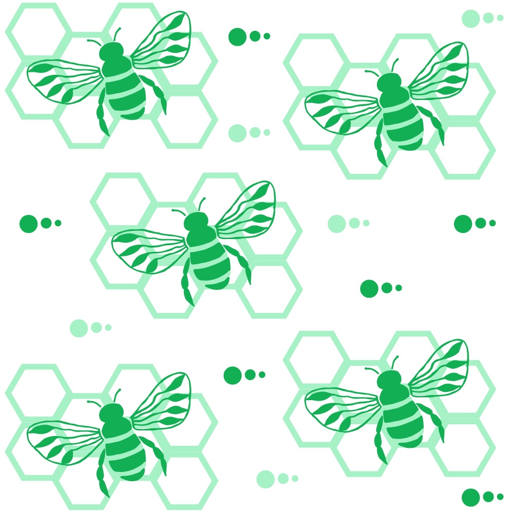 green, mint green, sage green, bees, honeybees, hexagons, honeycomb, geometric pattern, hand drawn, nature inspired,, fabric panel, whimsical, organic shapes, botanical, insects, buzzing bees, spring theme, crafting fabric, repeated motif