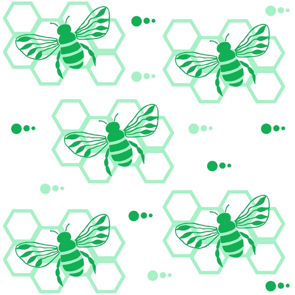 green, mint green, sage green, bees, honeybees, hexagons, honeycomb, geometric pattern, hand drawn, nature inspired,, fabric panel, whimsical, organic shapes, botanical, insects, buzzing bees, spring theme, crafting fabric, repeated motif