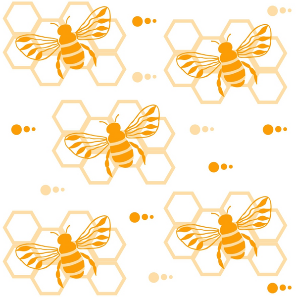 orange, golden yellow, cream, pale peach, honeybees, hexagon honeycomb, geometric pattern, hand drawn style, nature inspired,, fabric panel, repeating motif, insect design, buzzing bees, organic shapes, warm tones, botanical theme, spring summer, craft fabric, whimsical illustration