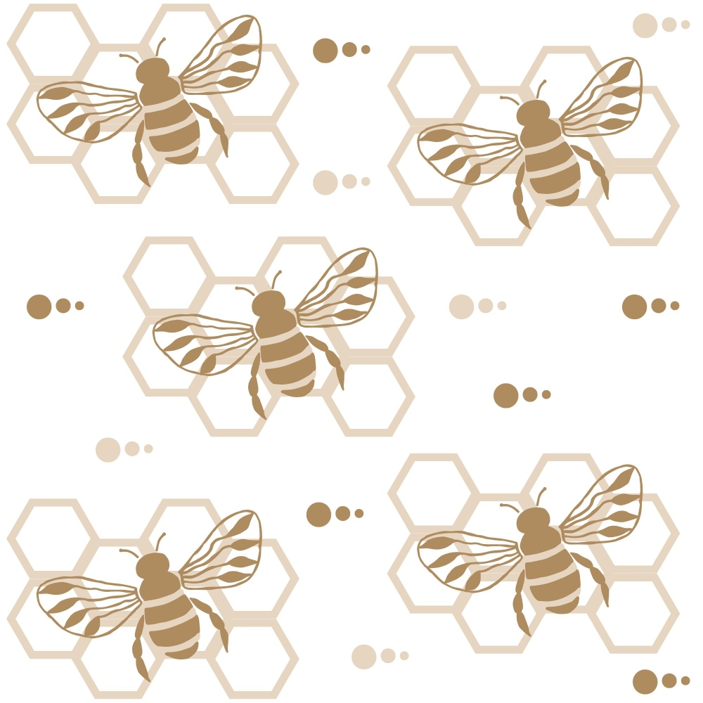 handdrawn bees, honeycomb pattern, beige tones, tan colors, cream background, geometric hexagons, insect motif, nature themed,, fabric panel, repeating pattern, botanical design, honey bee illustration, soft neutrals, craft fabric, sewing material, apiary theme, buzzing insects, hexagonal shapes, organic pattern