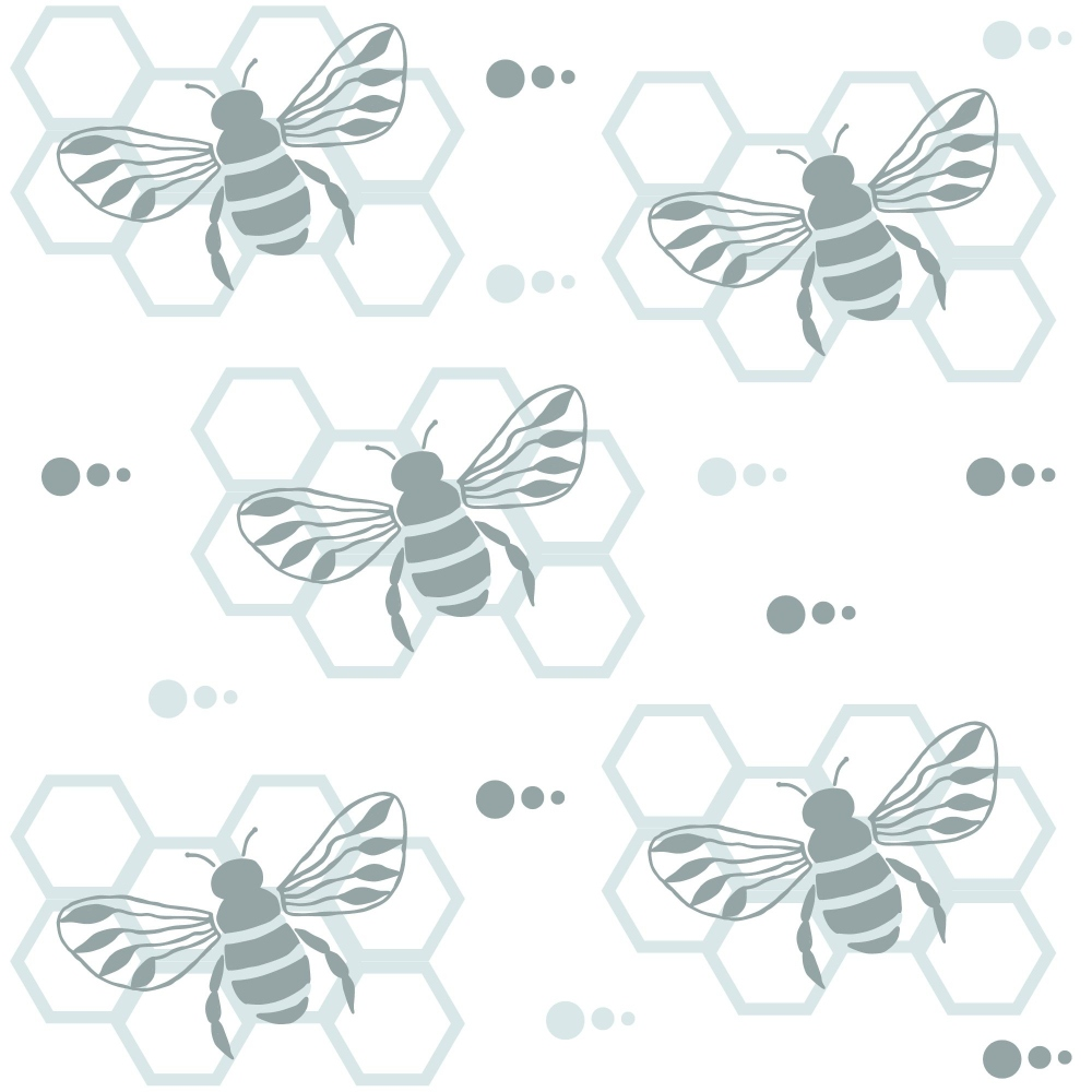 sage green, light blue, cream white, bees, honeycomb, hexagonal pattern, hand drawn, botanical illustration, nature inspired,, fabric panel, geometric shapes, insect motif, soft pastels, delicate linework, repeating pattern, spring theme, garden elements, whimsical design, crafting material