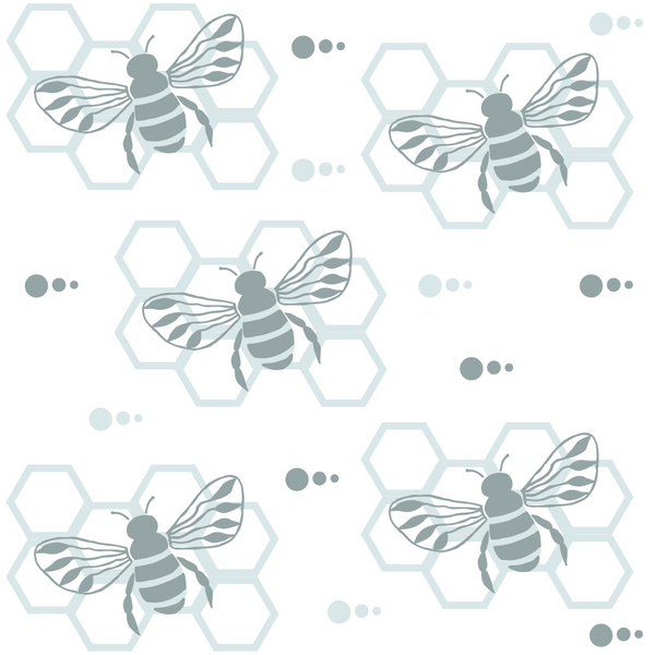 sage green, light blue, cream white, bees, honeycomb, hexagonal pattern, hand drawn, botanical illustration, nature inspired,, fabric panel, geometric shapes, insect motif, soft pastels, delicate linework, repeating pattern, spring theme, garden elements, whimsical design, crafting material