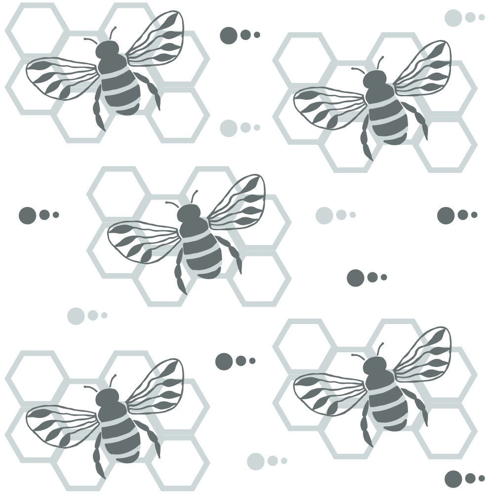handdrawn bees, hexagon honeycomb, black and white, grayscale, monochrome, geometric pattern, insect motif, nature theme,, fabric panel, striped wings, detailed illustration, repeating design, apiary inspired, botanical elements, craft fabric, sewing material, bee colony, honeybee artwork