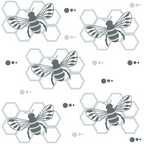handdrawn bees, hexagon honeycomb, black and white, grayscale, monochrome, geometric pattern, insect motif, nature theme,, fabric panel, striped wings, detailed illustration, repeating design, apiary inspired, botanical elements, craft fabric, sewing material, bee colony, honeybee artwork