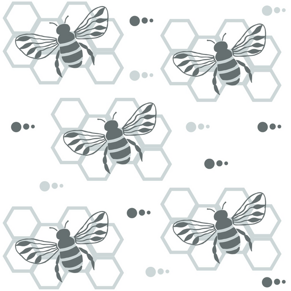 handdrawn bees, hexagon honeycomb, black and white, grayscale, monochrome, geometric pattern, insect motif, nature theme,, fabric panel, striped wings, detailed illustration, repeating design, apiary inspired, botanical elements, craft fabric, sewing material, bee colony, honeybee artwork